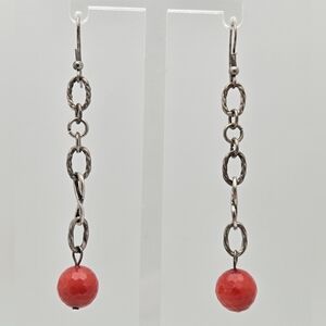 Le Chateau Silver Chain and Faceted Coral Red Beads Earrings 3''